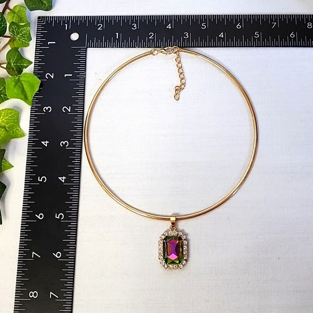 Gold Choker Necklace with Rainbow AB Square Pendant New